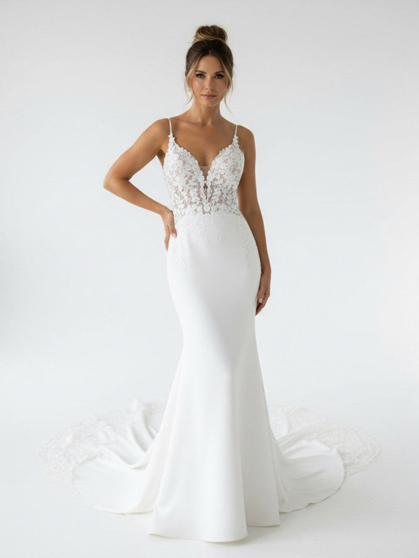 Honorable Soft Satin V-Neck Long Sleeves Mermaid Wedding Dresses With Appliques