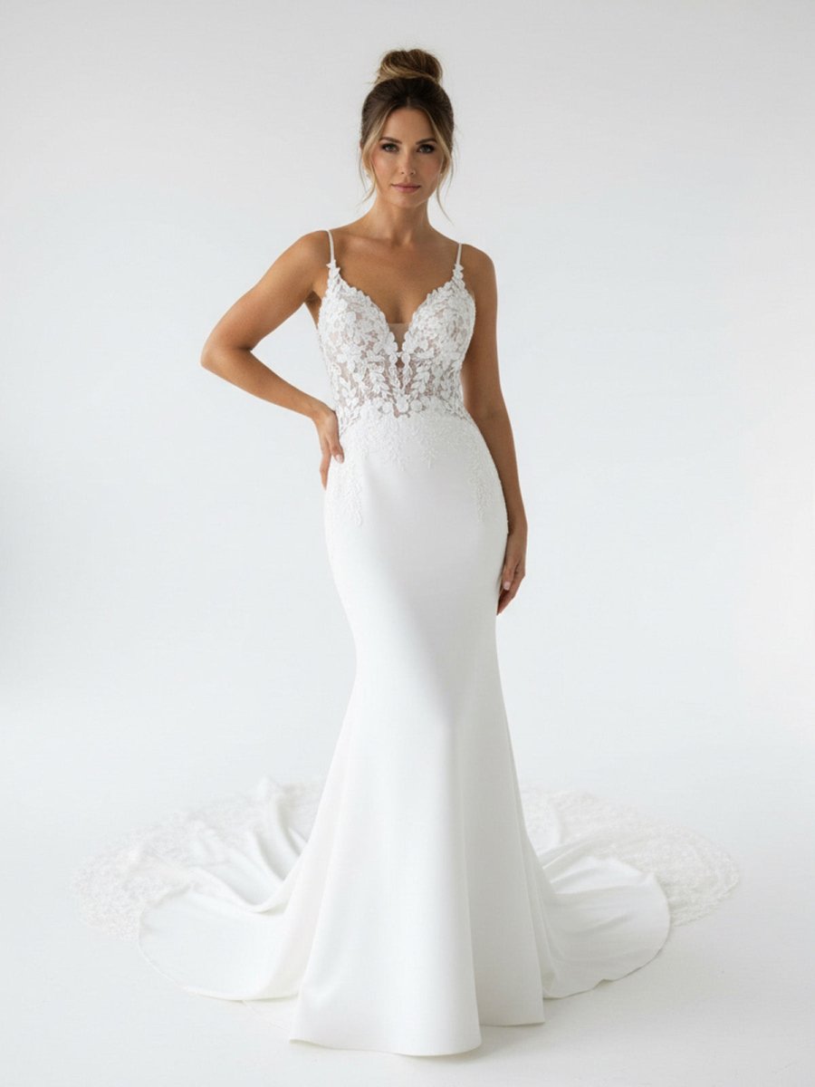 Mermaid V Neck Satin Wedding Dresses with Lace Appliques - KissProm