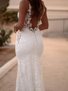Mermaid V Neck Satin Wedding Dresses with Lace Appliques - KissProm