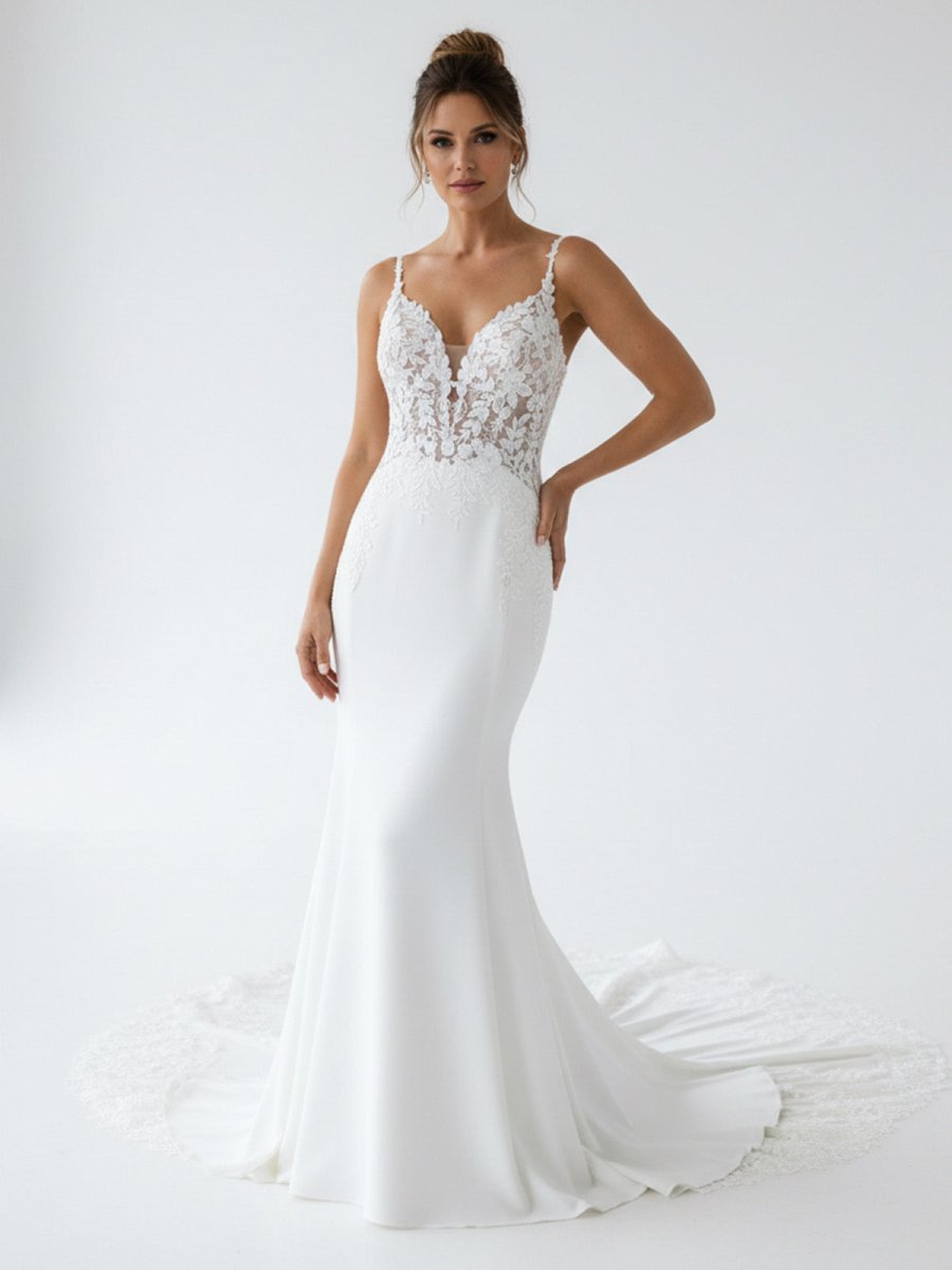 Mermaid V Neck Satin Wedding Dresses with Lace Appliques - KissProm