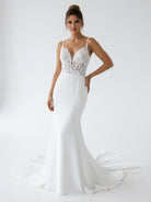Mermaid V Neck Satin Wedding Dresses with Lace Appliques - KissProm