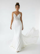 Mermaid V Neck Satin Wedding Dresses with Lace Appliques - KissProm