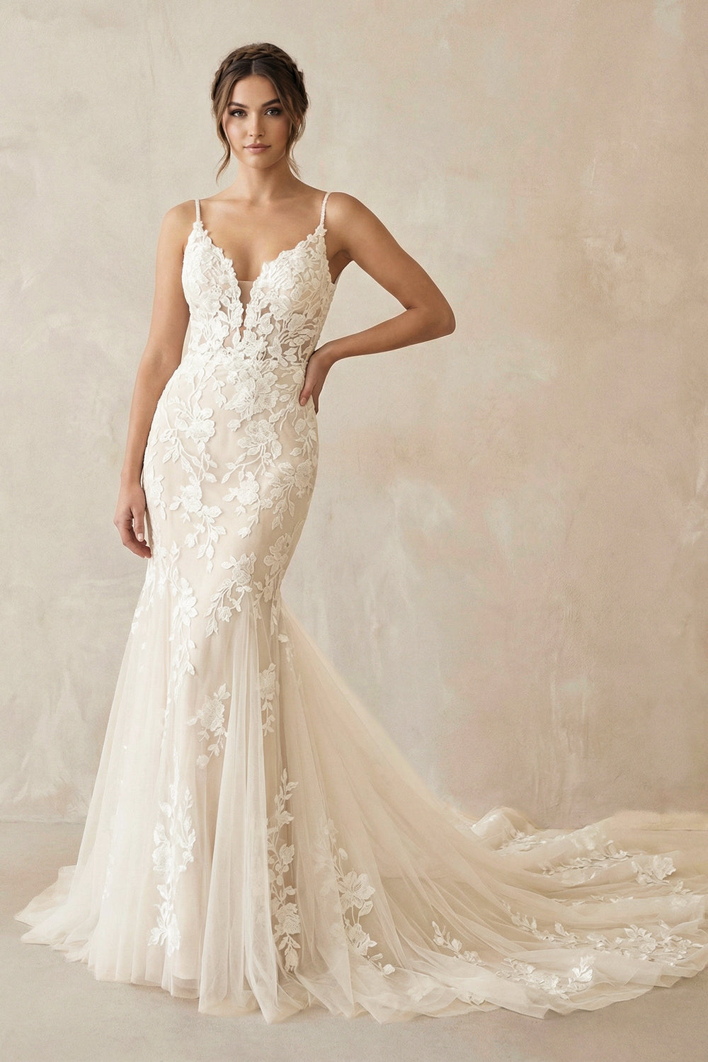 Charming Mermaid V Neck Tulle Wedding Dresses with Appliques – Wedding Dresses by KissProm | Available at KissProm