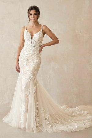 Charming Mermaid V Neck Tulle Wedding Dresses with Appliques – Wedding Dresses by KissProm | Available at KissProm