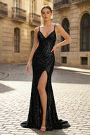 Charming Mermaid Spaghetti Straps Black Sequins Long Prom Dresses with Slit - KissProm