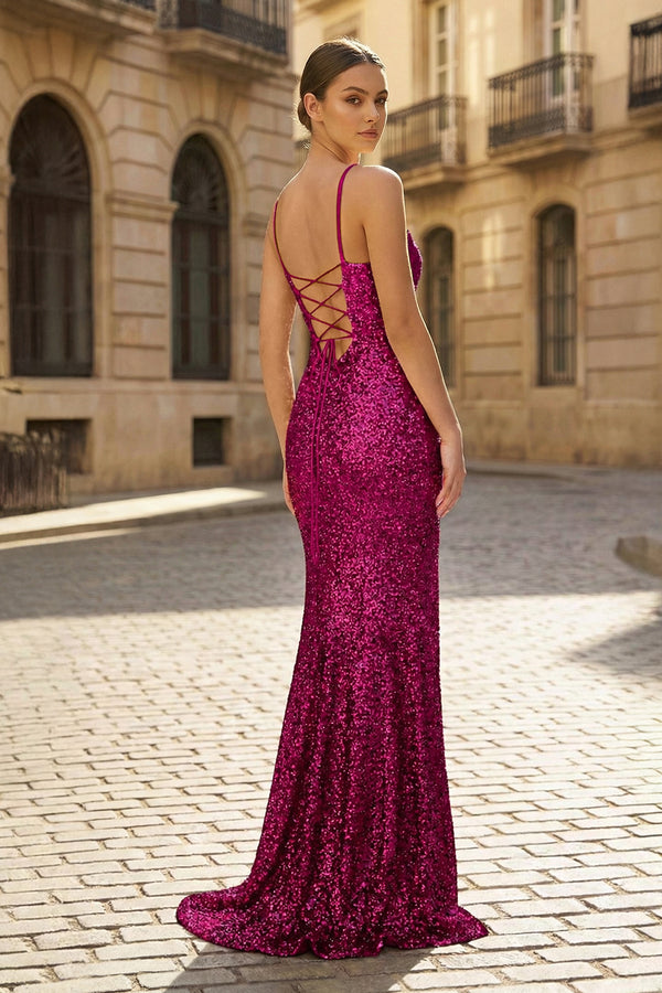 Charming Mermaid Spaghetti Straps Fuchsia Sequins Long Prom Dresses with Slit - KissProm