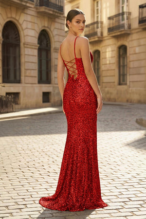 Charming Mermaid Spaghetti Straps Red Sequins Long Prom Dresses with Slit - KissProm