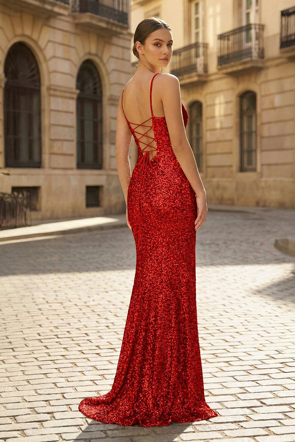 Charming Mermaid Spaghetti Straps Red Sequins Long Prom Dresses with Slit - KissProm