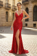 Charming Mermaid Spaghetti Straps Red Sequins Long Prom Dresses with Slit - KissProm