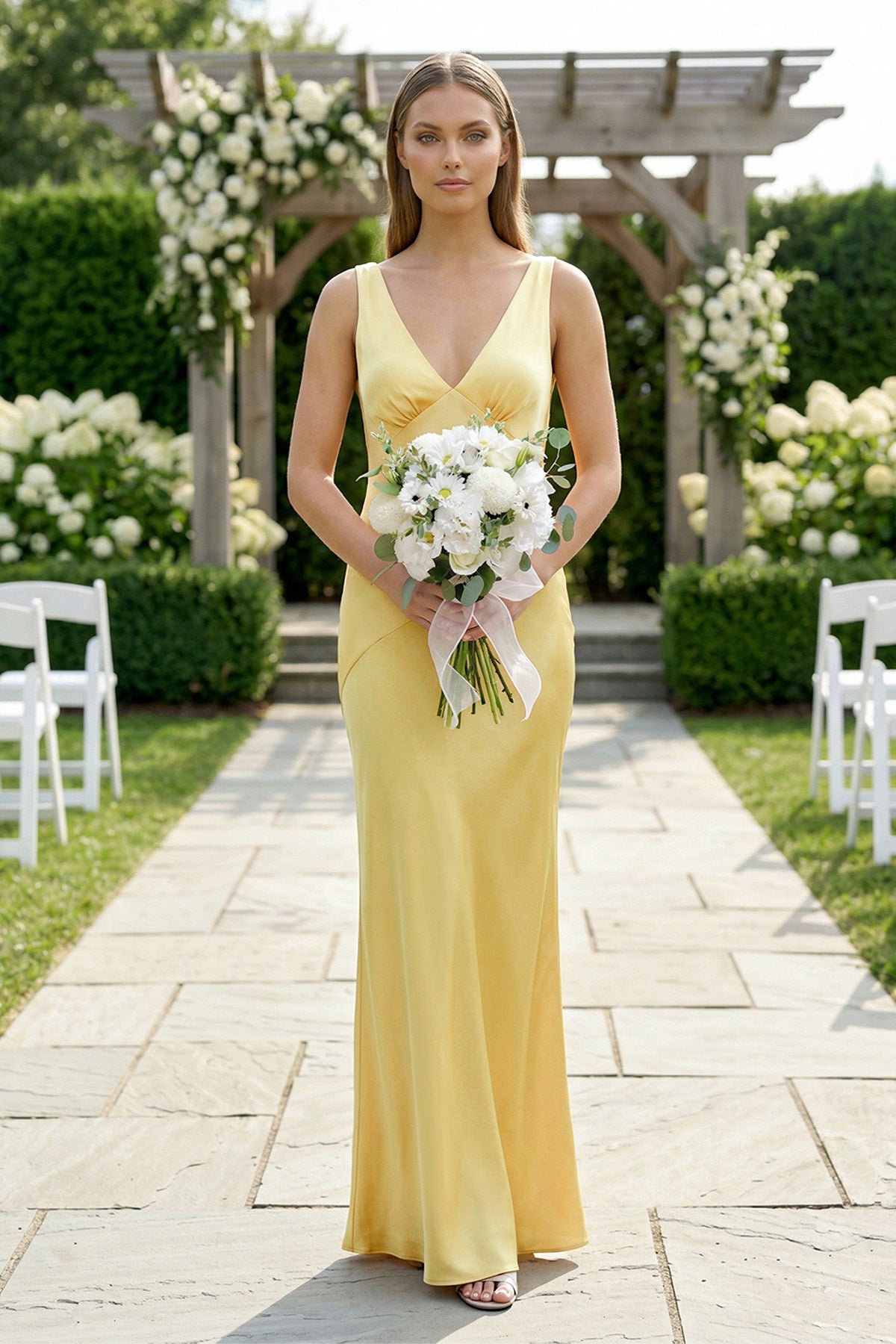 Charming Sheath V Neck Stretch Satin Bridesmaid Dresses Yellow / 8 Charming Sheath V Neck Stretch Satin Bridesmaid Dresses Yellow / 8