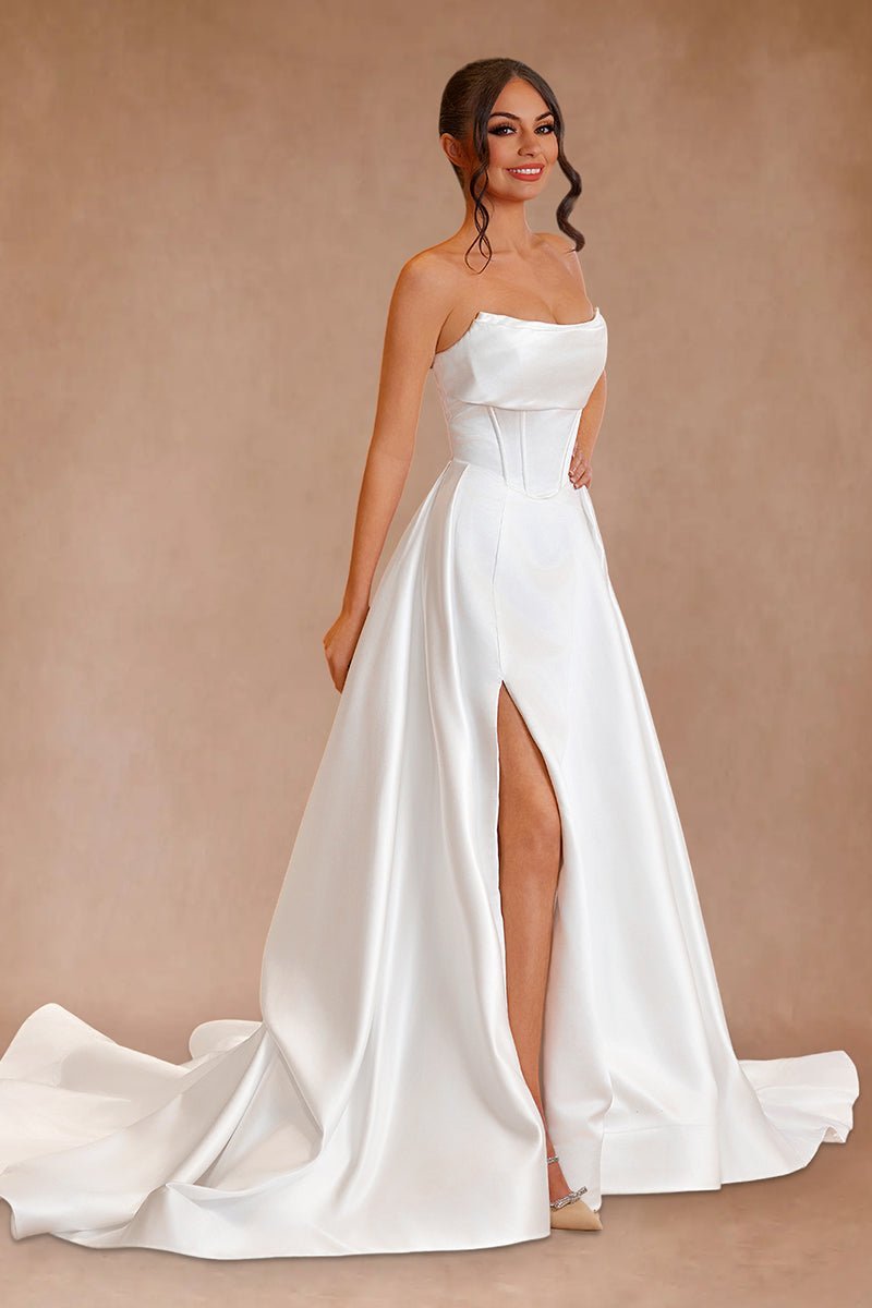Jane A Line Strapless White Satin Wedding Dresses With Slit KissProm jane-a-line-strapless-white-satin-wedding-dresses-with-slit-kissprom