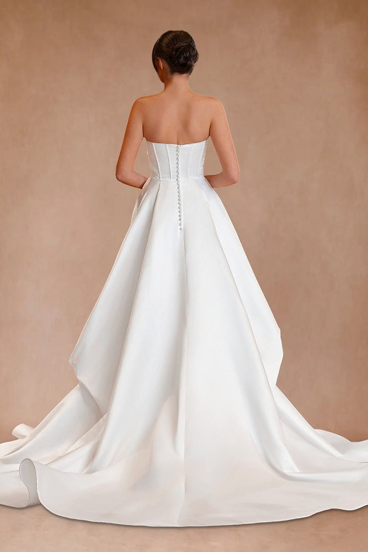 Elegant A-Line Strapless White Satin Wedding Dresses With Slit