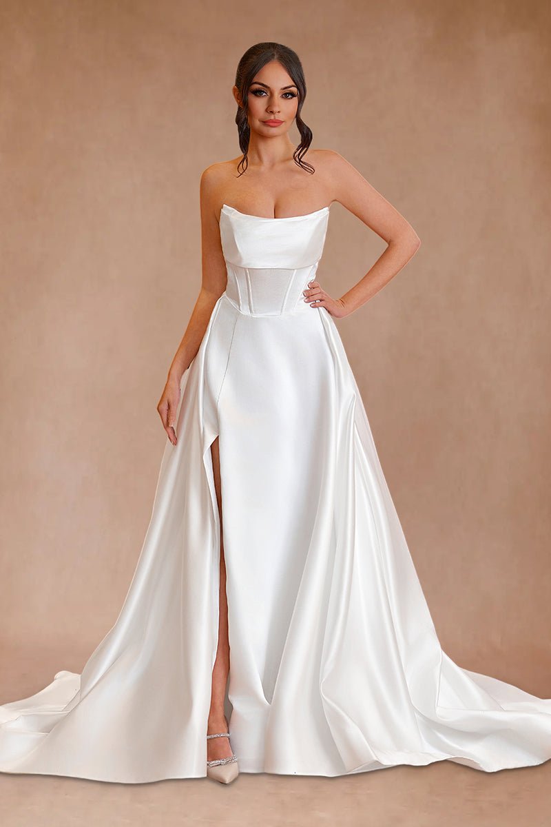 White Strapless Satin A-Line Wedding Dresses White Strapless Satin A-Line Wedding Dresses