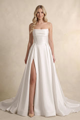 Diamond White Strapless Satin A-Line Wedding Dresses