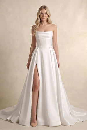 Diamond White Strapless Satin A-Line Wedding Dresses