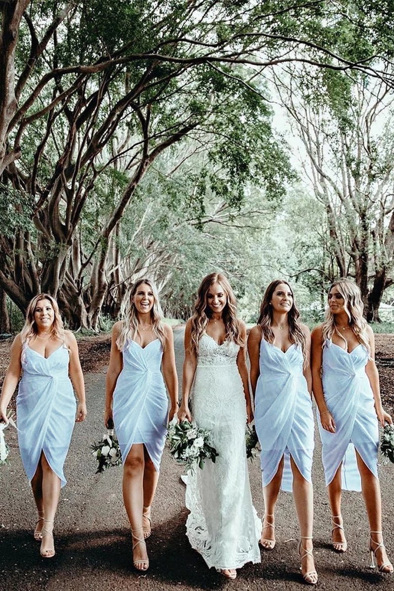 Sheath Bridesmaid Dresses Chiffon Short Gowns, Sky Blue / 2 Sheath Bridesmaid Dresses Chiffon Short Gowns, Sky Blue / 2