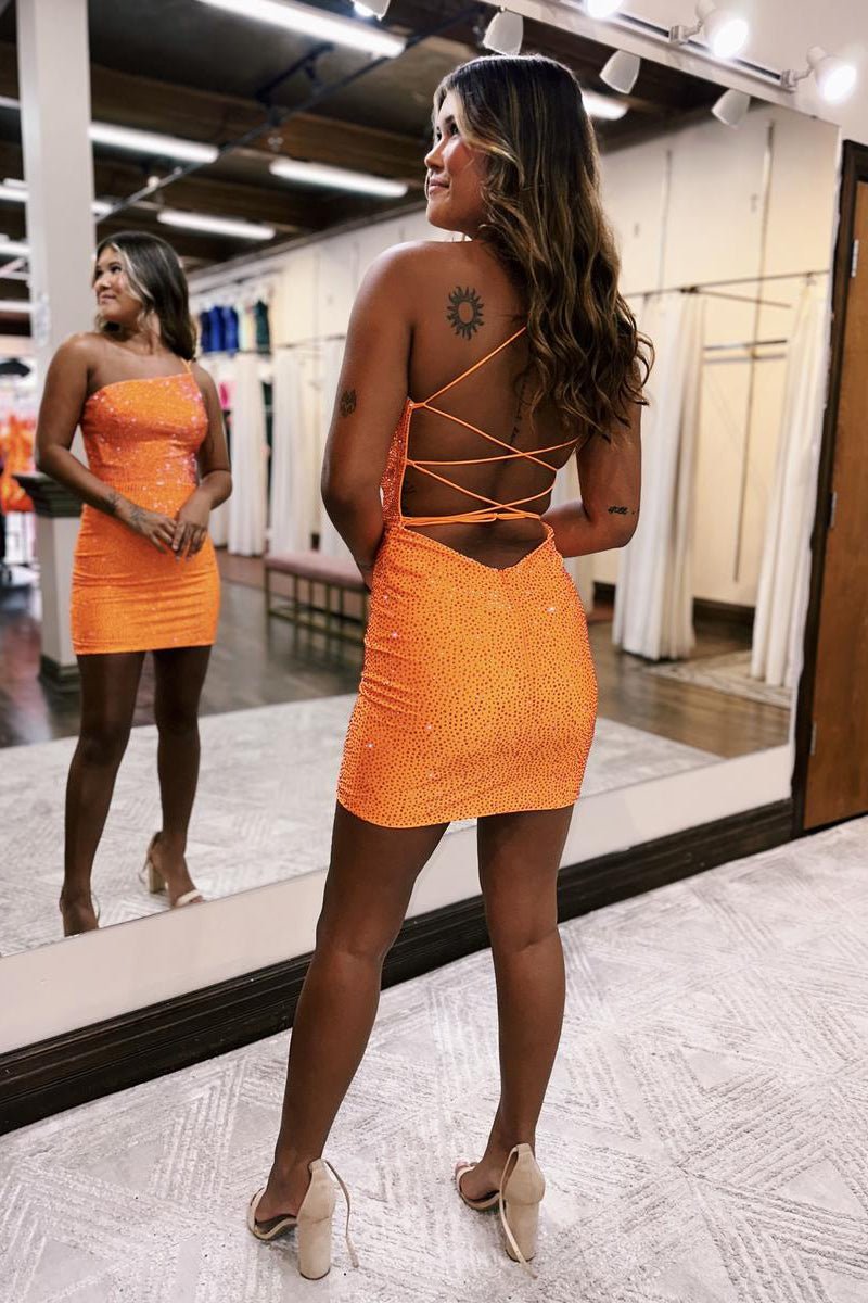 Aurielle | Sheath One Shoulder Lace Up Tight Beaded Homecoming Dress