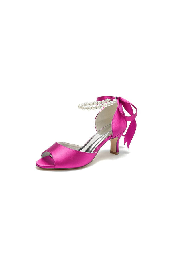 Chic Peep Toe Ribbons Faux Pearl Pumps - KissProm
