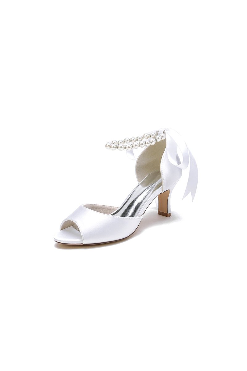 Chic Peep Toe Ribbons Faux Pearl Pumps - KissProm