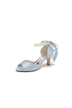 Chic Peep Toe Ribbons Faux Pearl Pumps - KissProm