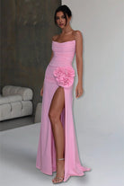 Albine | Pink - Strapless Mermaid Chiffon Pleated Long Prom Dresses With Floral - KissProm