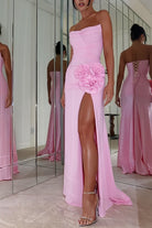 Albine | Pink - Strapless Mermaid Chiffon Pleated Long Prom Dresses With Floral - KissProm