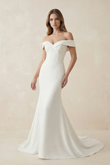 Chic Satin Off the Shoulder Sleeveless Sweep - Train Bridal Dress – Wedding Dresses by KissProm | Available at KissProm