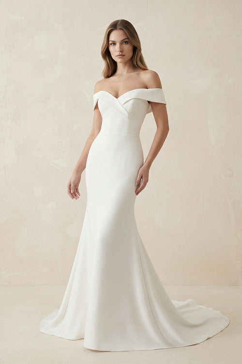 Chic Satin Off the Shoulder Sleeveless Sweep - Train Bridal Dress – Wedding Dresses by KissProm | Available at KissProm