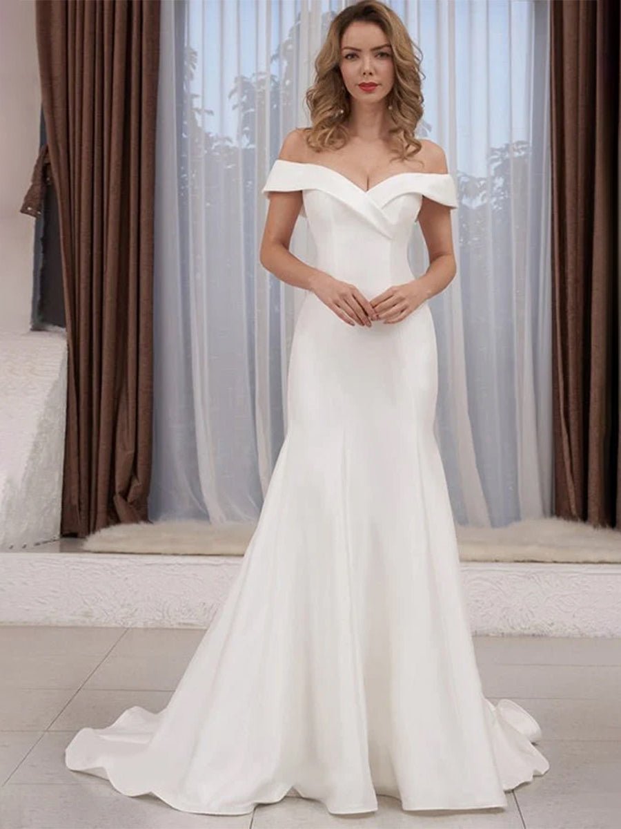 Chic Satin Off the Shoulder Sleeveless Sweep - Train Bridal Dress - KissProm