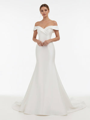 Chic Satin Off the Shoulder Sleeveless Sweep - Train Bridal Dress - KissProm