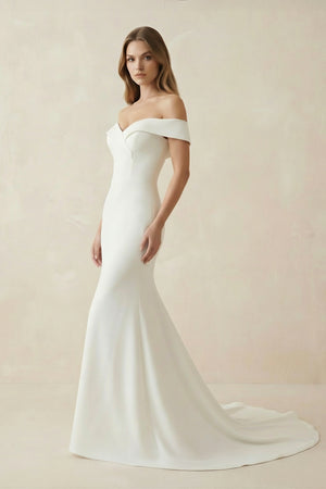 Chic Satin Off the Shoulder Sleeveless Sweep - Train Bridal Dress – Wedding Dresses by KissProm | Available at KissProm
