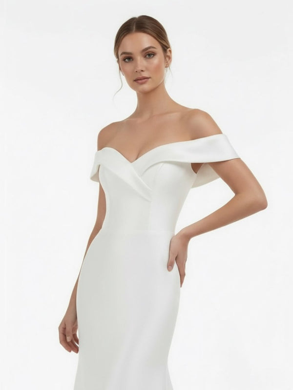Chic Satin Off the Shoulder Sleeveless Sweep - Train Bridal Dress - KissProm