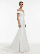 Chic Satin Off the Shoulder Sleeveless Sweep - Train Bridal Dress - KissProm