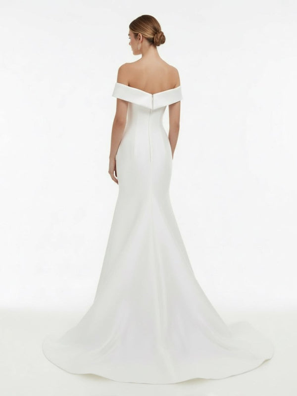 Chic Satin Off the Shoulder Sleeveless Sweep - Train Bridal Dress - KissProm
