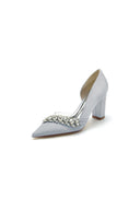Chic Satin Pointed Toe Slip - on Chunky Heels With Rhinestone - KissProm