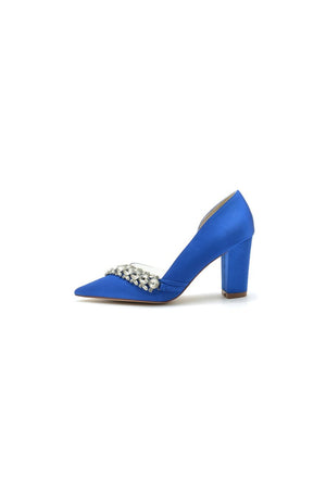 Chic Satin Pointed Toe Slip - on Chunky Heels With Rhinestone - KissProm