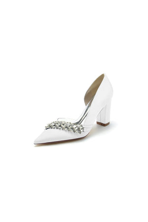 Chic Satin Pointed Toe Slip - on Chunky Heels With Rhinestone - KissProm