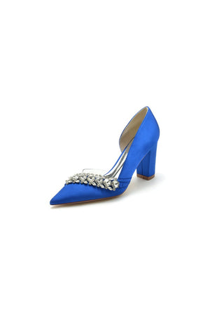 Chic Satin Pointed Toe Slip - on Chunky Heels With Rhinestone - KissProm