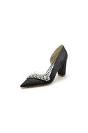 Chic Satin Pointed Toe Slip - on Chunky Heels With Rhinestone - KissProm