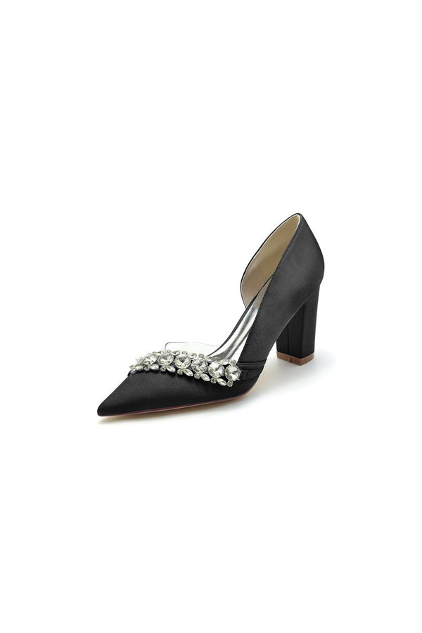 Chic Satin Pointed Toe Slip - on Chunky Heels With Rhinestone - KissProm
