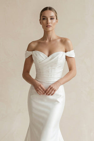 Chic Satin Mermaid Off-Shoulder Ruched With Train Beach Wedding Dress-KissProm