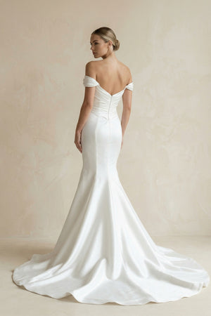 Chic Satin Mermaid Off-Shoulder Ruched With Train Beach Wedding Dress-KissProm