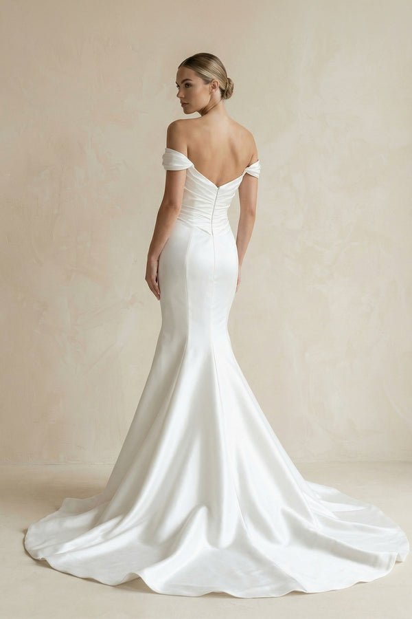 Chic Satin Mermaid Off-Shoulder Ruched With Train Beach Wedding Dress-KissProm