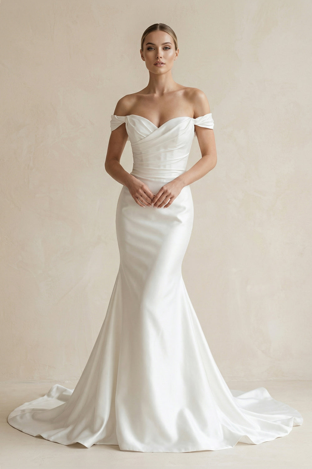 Chic Satin Mermaid Off-Shoulder Ruched With Train Beach Wedding Dress-KissProm