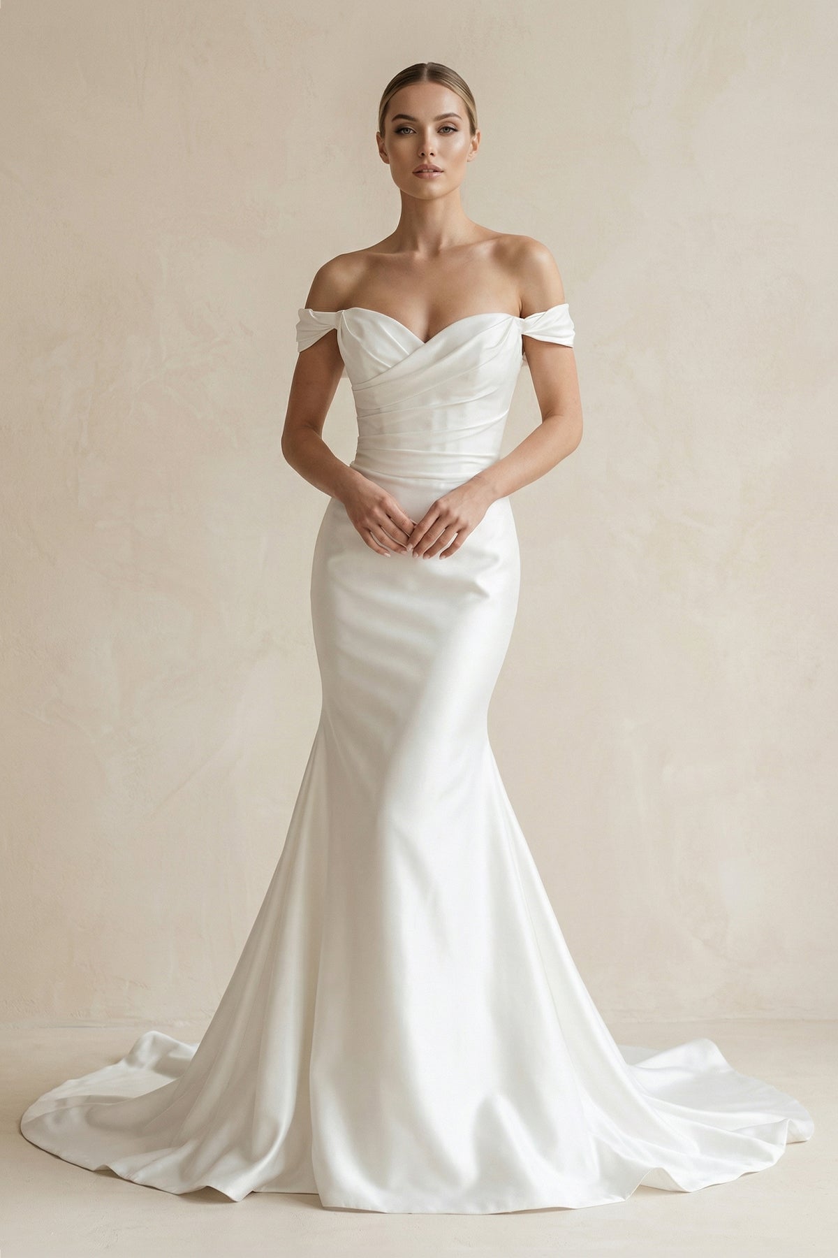 KissProm Chic Satin Mermaid Off-Shoulder Ruched With Train Beach Wedding Dress, Diamond White / 0