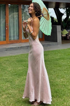 Hero | Pink - Spaghetti Straps Satin Sheath Backless Long Prom Dresses - KissProm