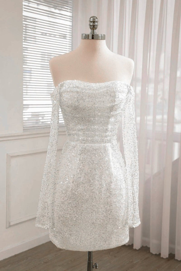 Fashion Bodycon Strapless Sequins Short Wedding Dresses with Long Sleeves VK24100506