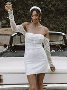 Aelia | Chic Short Sequined Backless Wedding Dress With Long Detachable Sleeves - KissProm