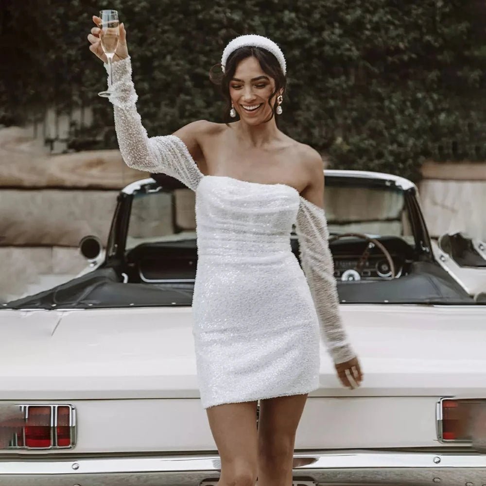 Aelia Chic Short Sequined Backless Wedding Dress With Long Detachabl