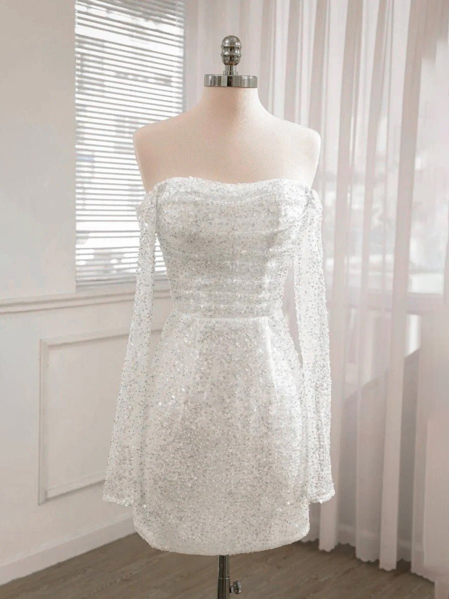 Aelia | Chic Short Sequined Backless Wedding Dress With Long Detachable Sleeves - KissProm